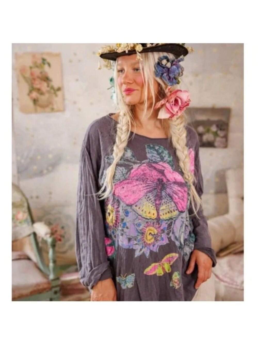 Magnolia Pearl NWT Flor De La Pasion Viggo Tee Cotton Floral Butterfly One Size